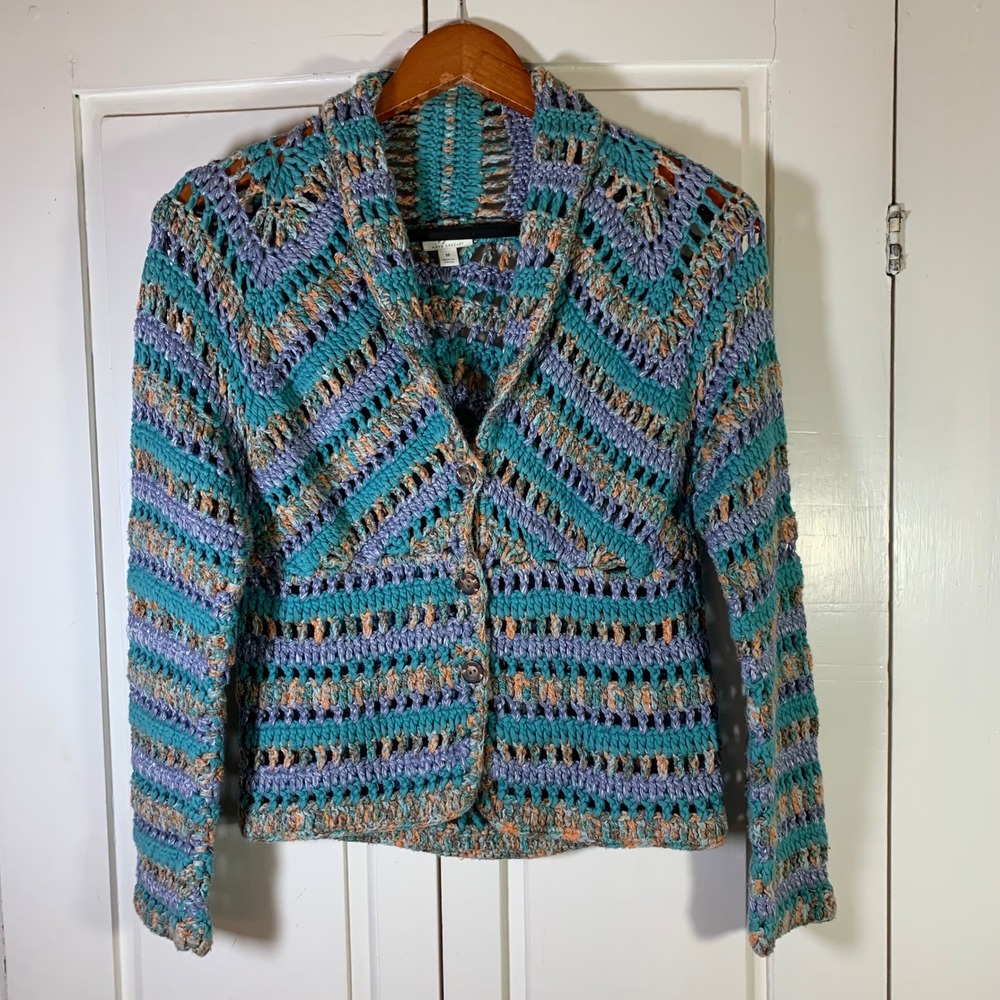 J. Jill Multi-Color Crochet Knit Cardigan - Teal, Lavender, Tan